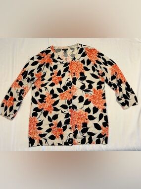 Talbots Cream Cardigan with Black Leaves & Coral Floral Print